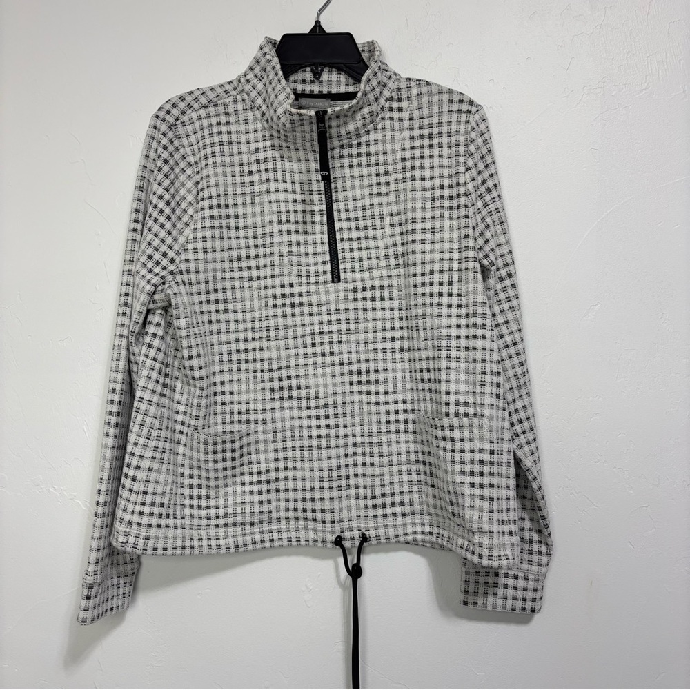 Talbots Quarter Zip Pullover Jacket Women's White Black Check Plaid Large Crop